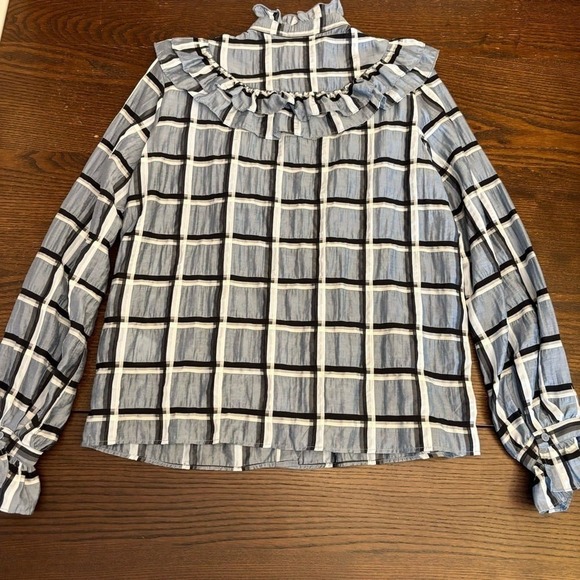H&M Women's Blue‎ White 
Checkered Plaid Crinkle
Frill Blouse Size 4 NWOT - Picture 6 of 12